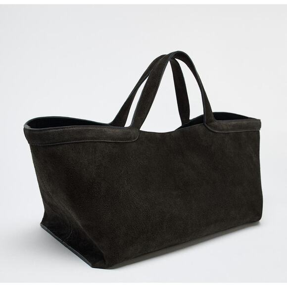 SOLD.   Zara Charcoal Genuine Elongated Suede shopper bag tote row-coded - Picture 4 of 9